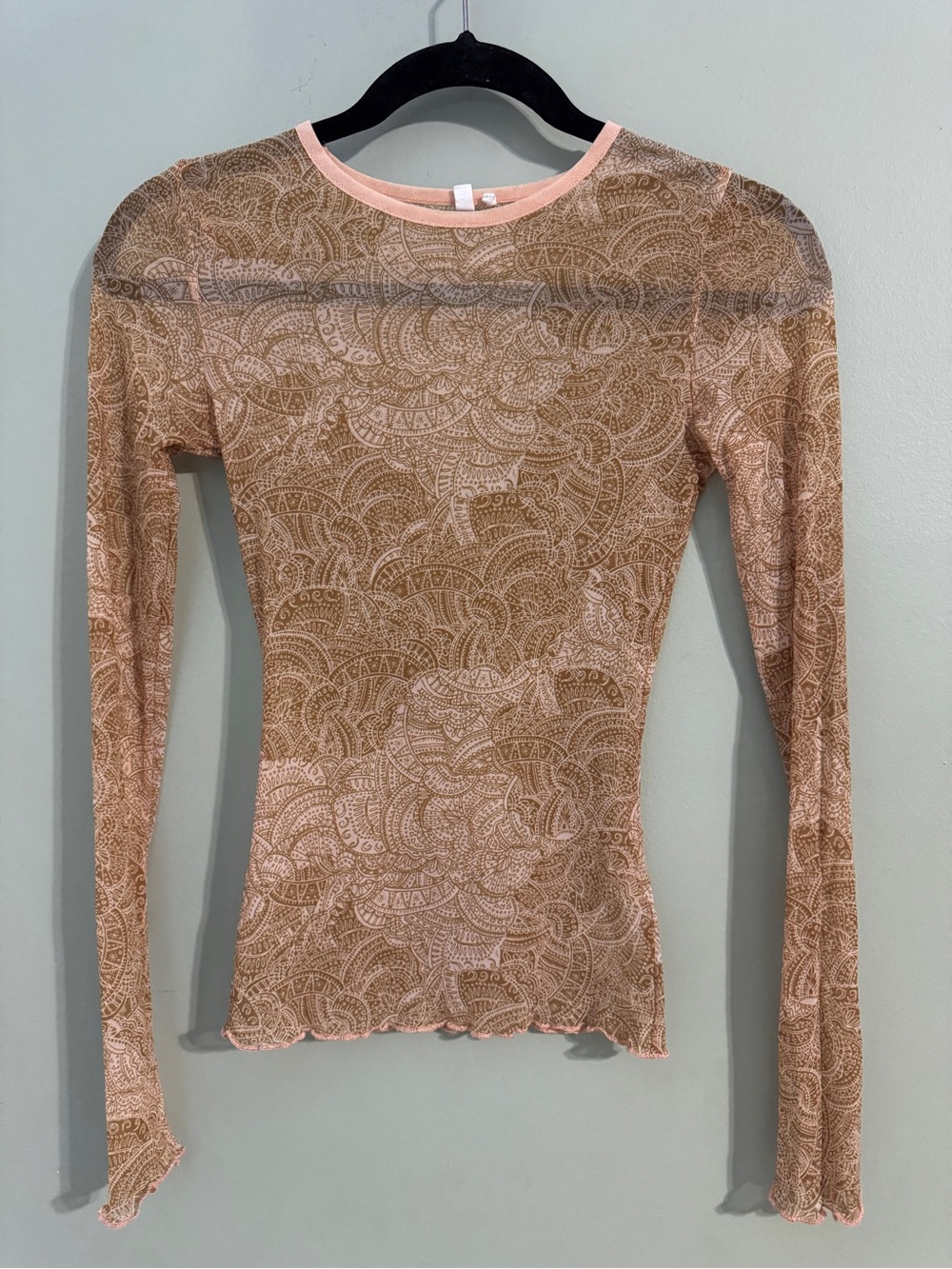 Urban Outfitters Sheer Lace-Pattern Long Sleeve Top in Peach and Tan